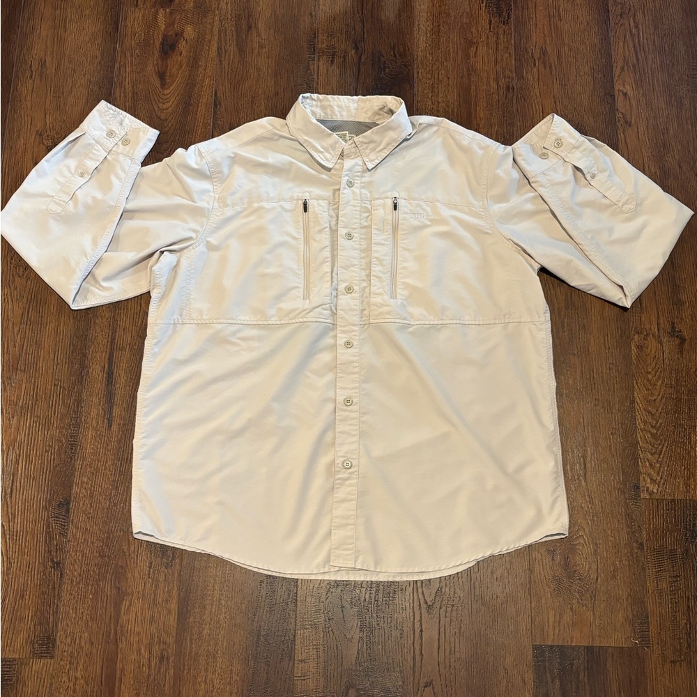 L.L. Bean Men's Shirt Fishing Tan Roll Sleeve Utility Pockets XL